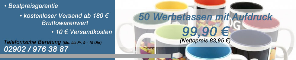 Günstige Werbeartikel & kleine Mengen - bedruckte Kugelschreiber, Tassen, Feuerzeuge, T-Shirts